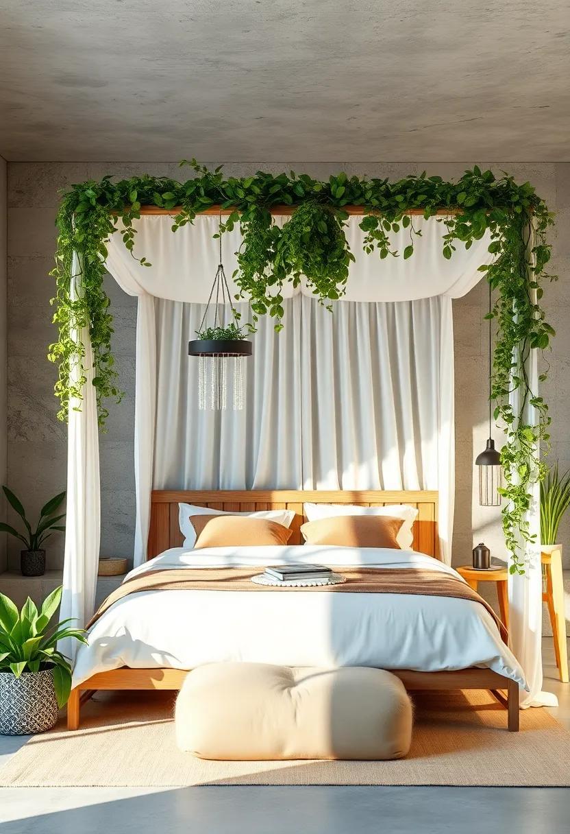 Lush Greenery And Hanging Plants Intertwined Around A Minimalist White Canopy Frame Creating A⁤ Bohemian Vibe