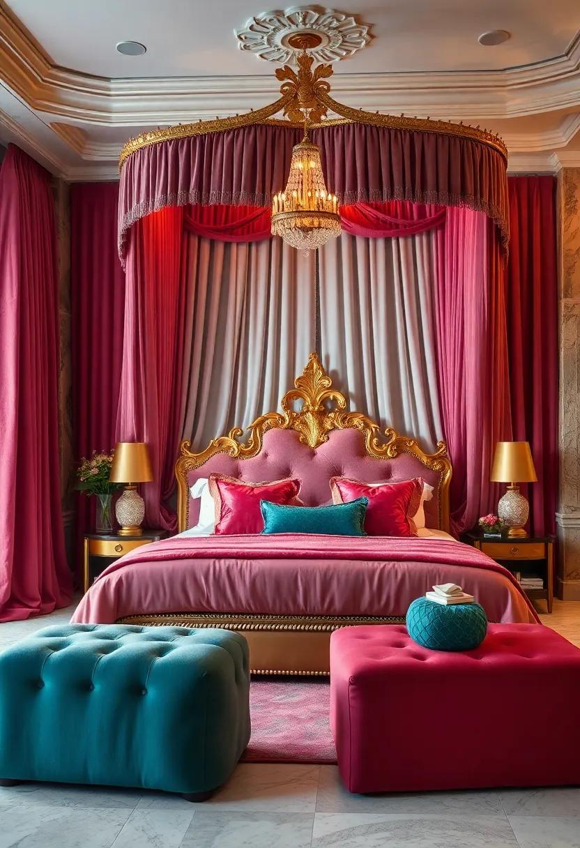 Luxurious Velvet Drapes cascading Around An Ornate Gold Canopy bed⁣ In A Jewel ‌Toned‌ Maximalist Bedroom
