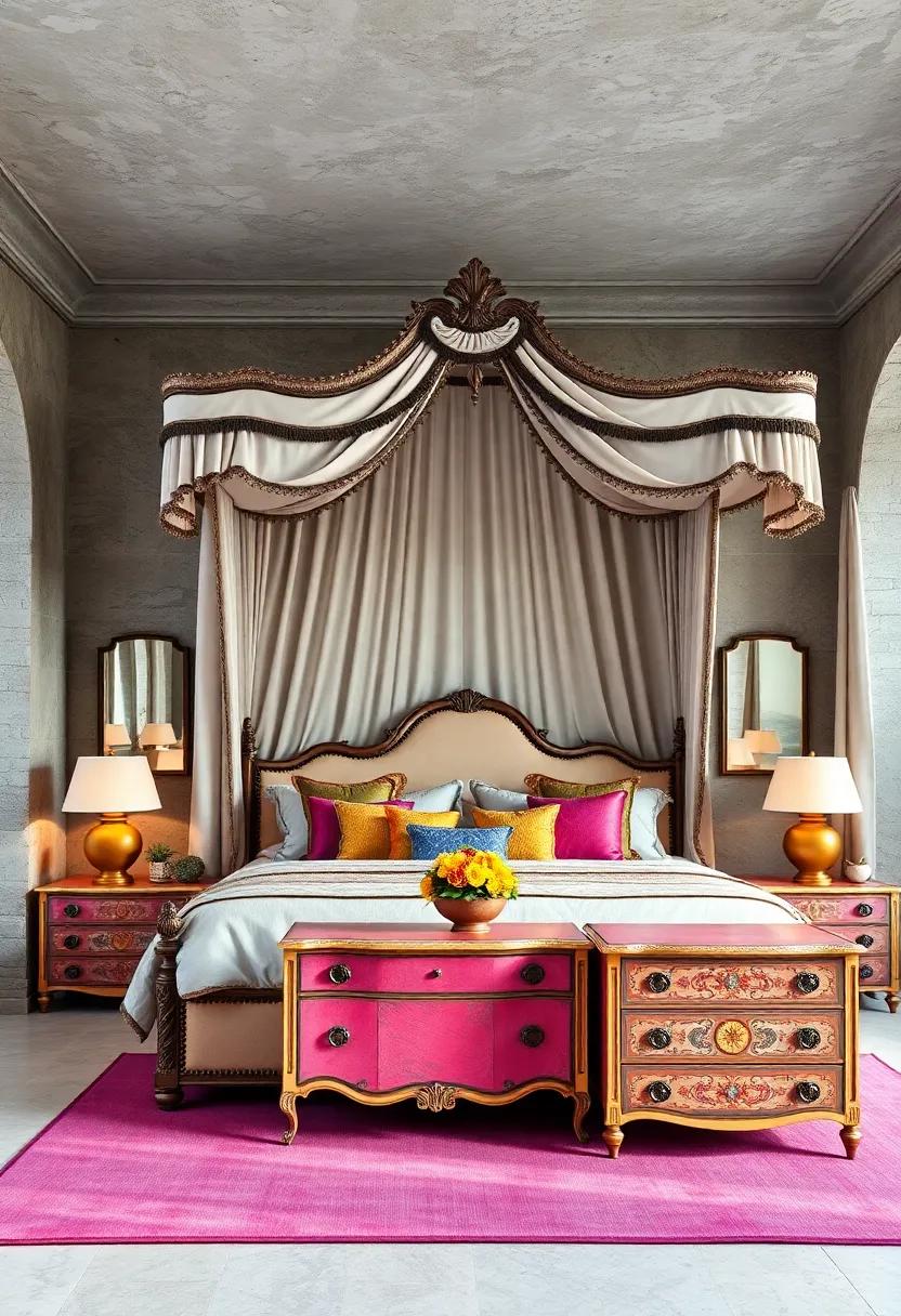 Maximalist Bedroom Featuring ‍A‌ Baroque Style Canopy Bed⁤ Paired With‍ Painted‌ Antique Chests And Bold Color Palettes