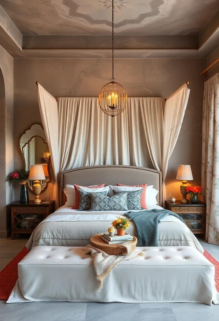 Maximalist ​Bedroom With A Canopy Bed Featuring Floral Print Curtains, Antique Lamps, And‌ Bohemian Accessories