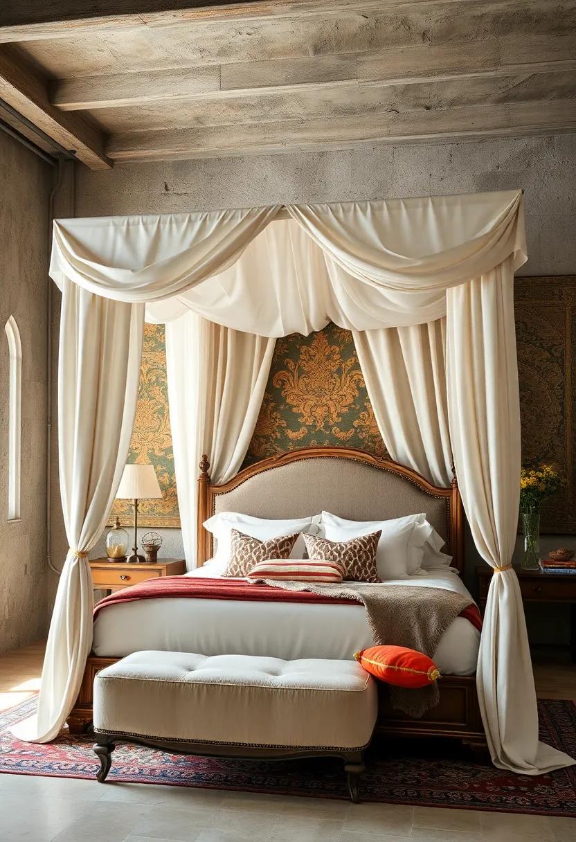 Opulent silk Canopy Curtains Enveloping A Vintage Four Poster ⁤Bed Against A Backdrop Of‌ Patterned Tapestries