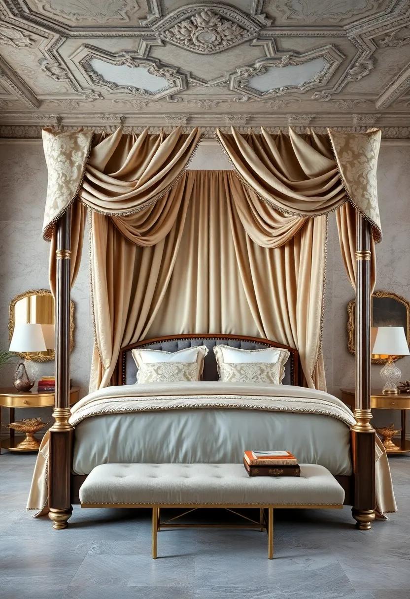 Opulent​ Damask ‌Fabrics ⁢Draped Elegantly Over A ⁢Classic⁤ Four Poster Bed Within⁤ A Room Filled⁣ With Gold ⁣Accents