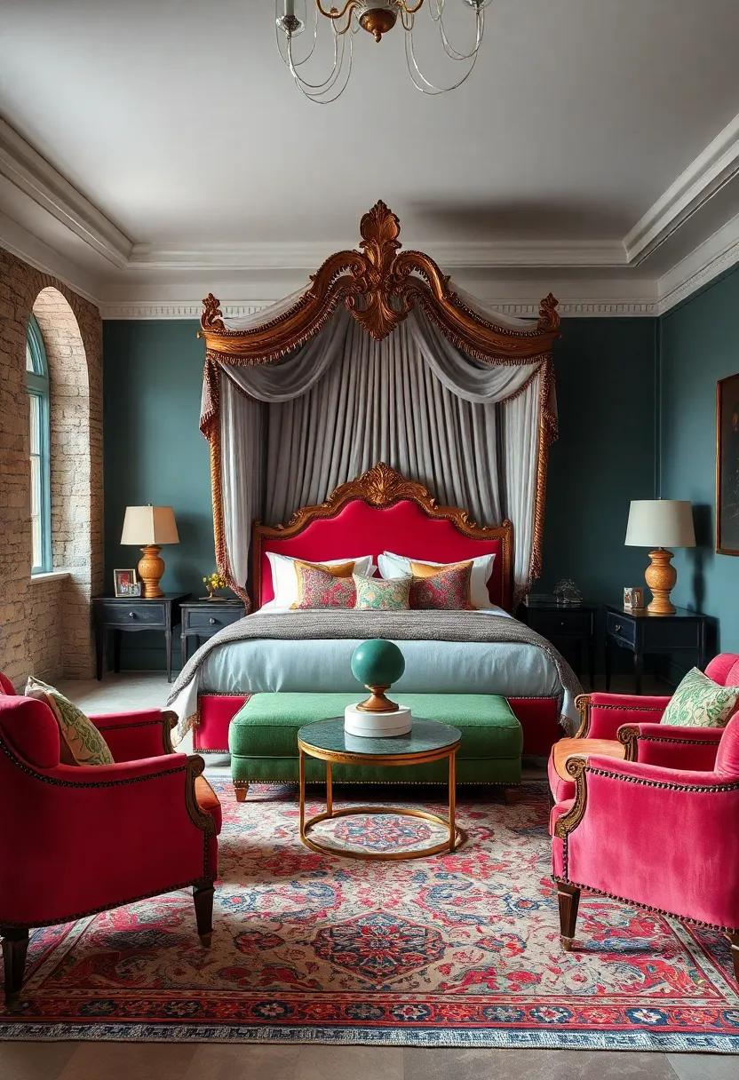 Rich ⁤Jewel tones Highlight An Ornate Canopy Bed ⁣Surrounded By ⁣Patterned Rugs,Velvet Chairs,And vintage Lamps