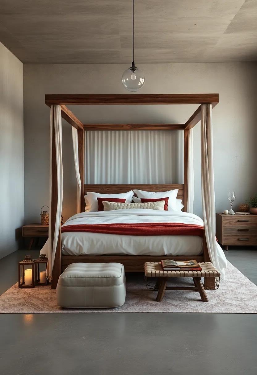 rustic‌ Maximalist ​Bedroom‌ With A Canopy bed Made From‌ Reclaimed Wood,⁢ Surrounded by Lanterns ⁢And Cozy textures
