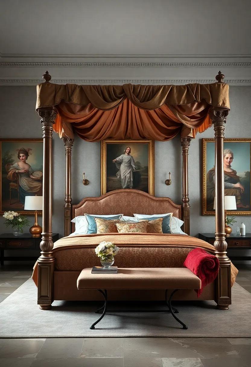 A Statement⁢ Canopy Bed Featuring Heavy‌ Brocade Fabrics and Ornate Pillars Set Against ⁣A Backdrop Of Classic Paintings