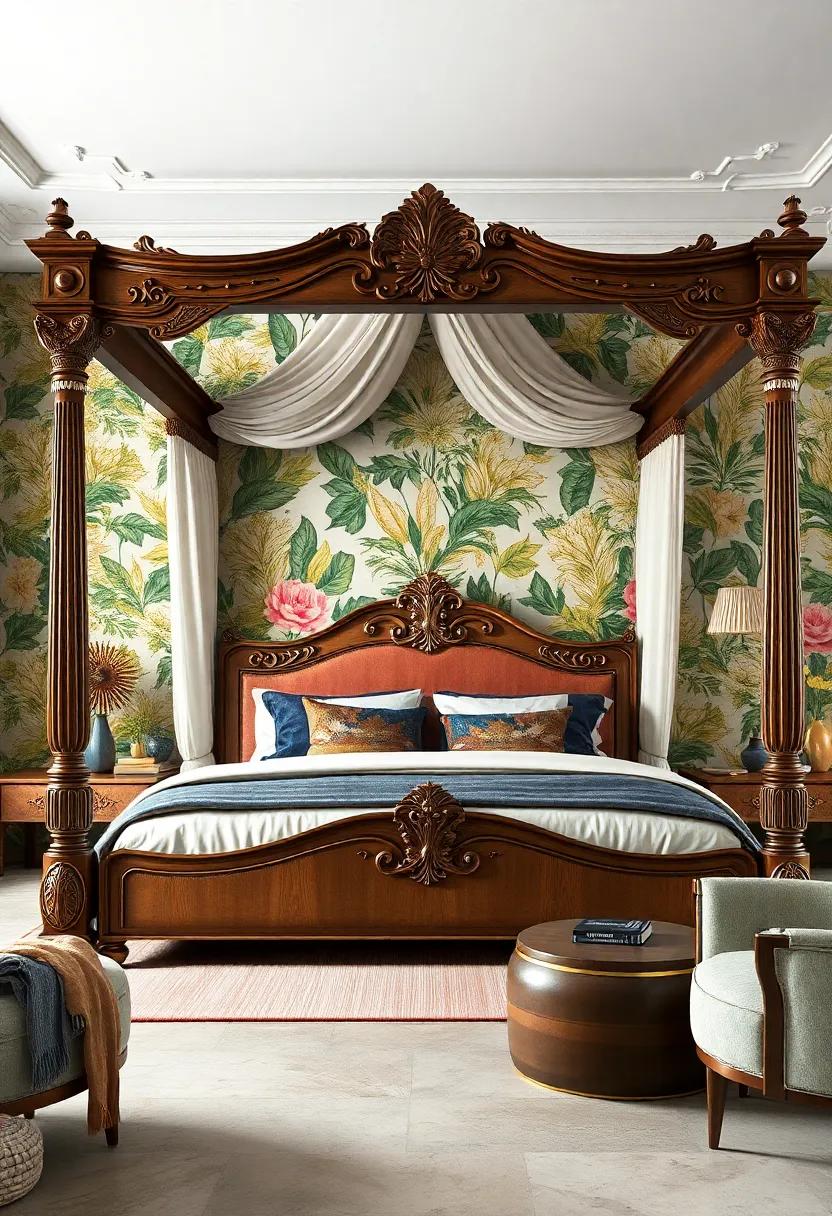 Vibrant Botanical ⁣Wallpapers Framing A Bold Canopy Bed With Intricate Wood Carvings ‍And‌ Plush Bedding Layers