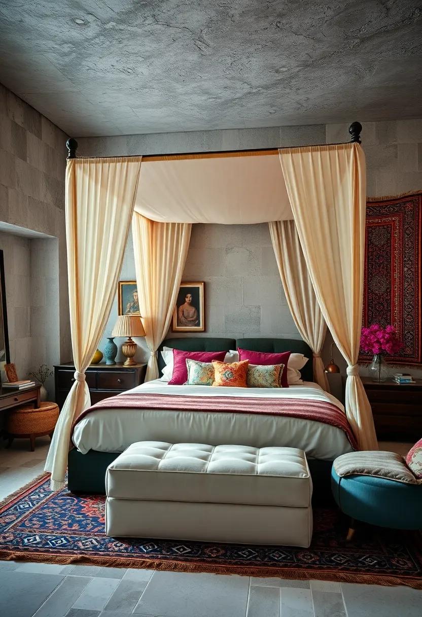 Vivid Colorful Canopy Bed Surrounded by Eclectic ​Collectibles, Patterned Rugs, And Rich​ Tapestries ‍For⁢ A Bold Look