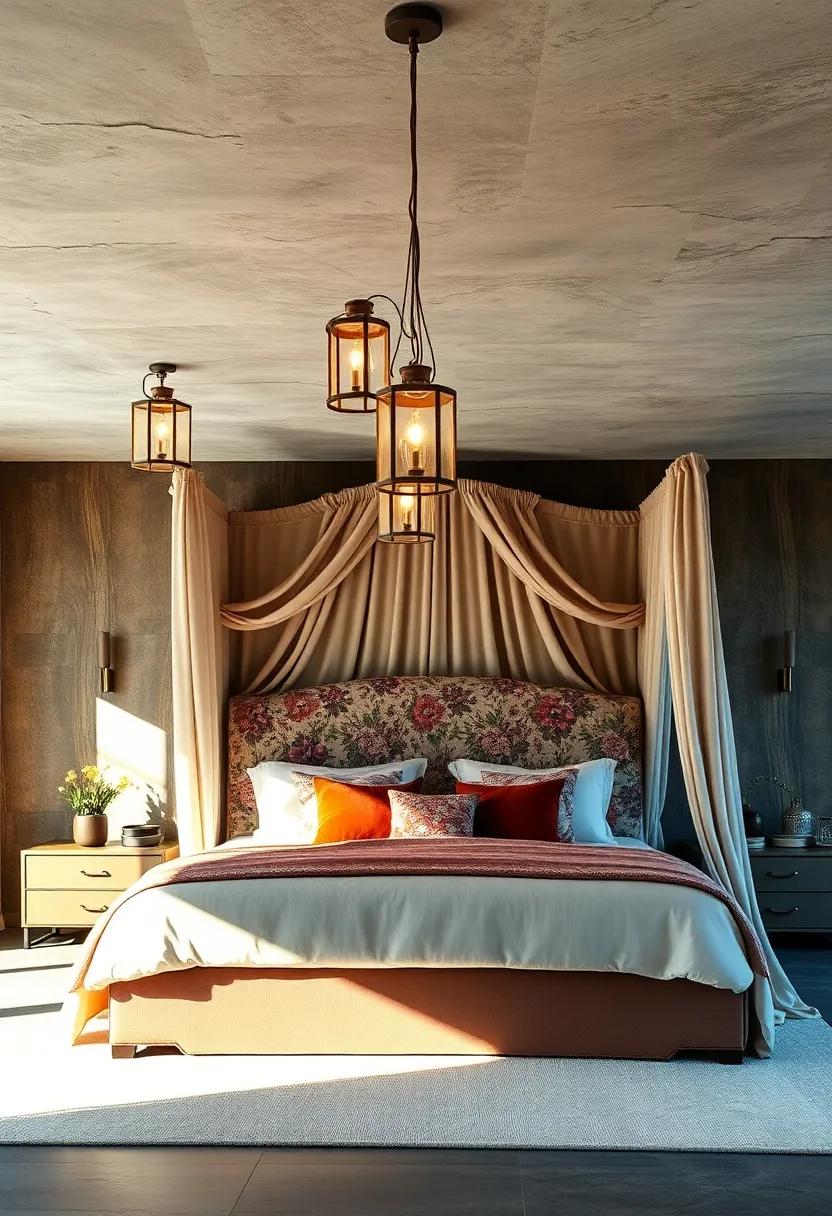 Whimsical Hanging Lanterns Casting Warm Light​ Over A floral ‍Upholstered Canopy Bed With Velvet Accents