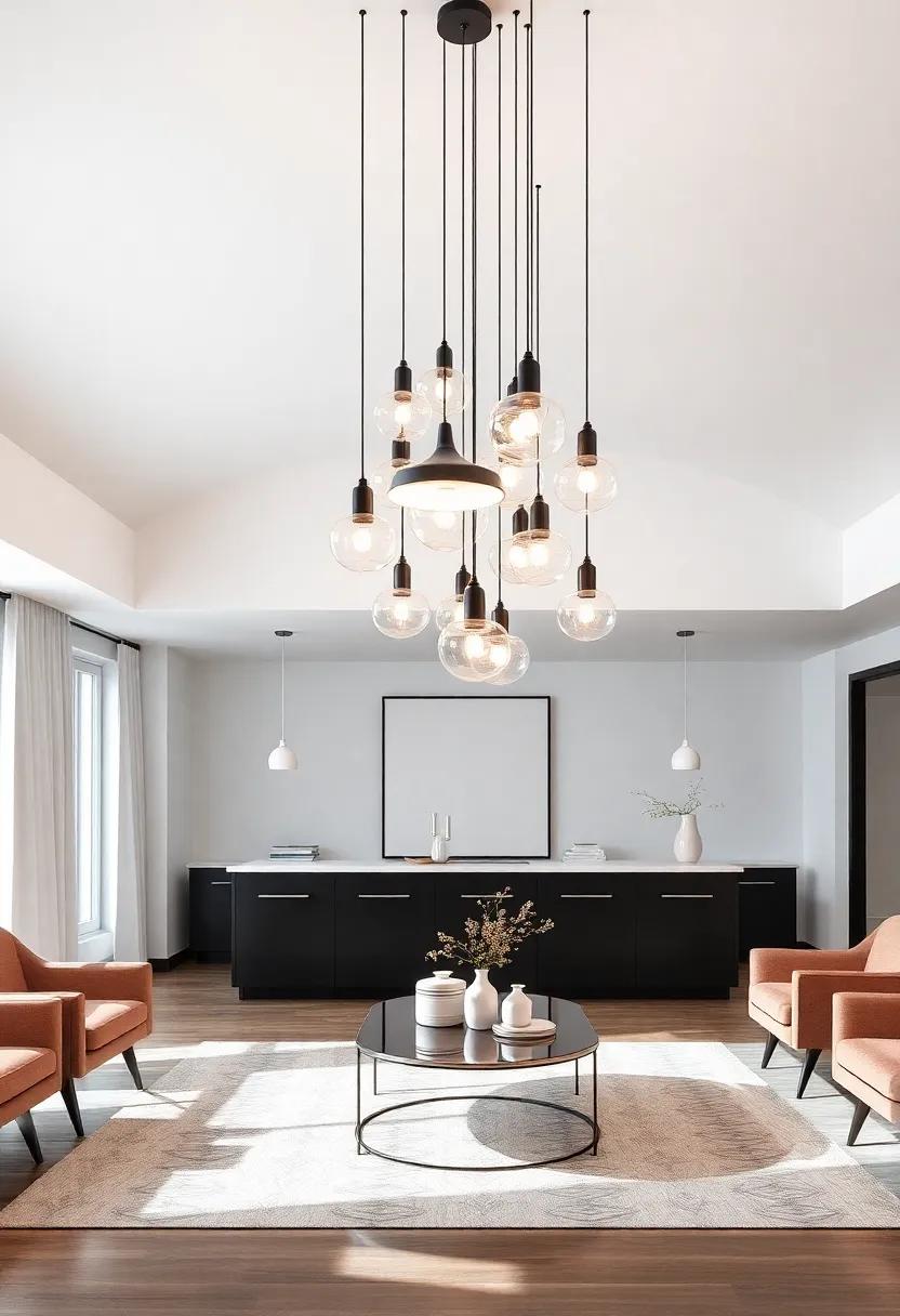 Bold Pendant clusters: Layer a series of bold pendants at varying heights over dining or coffee tables for a dynamic and visually captivating lighting display