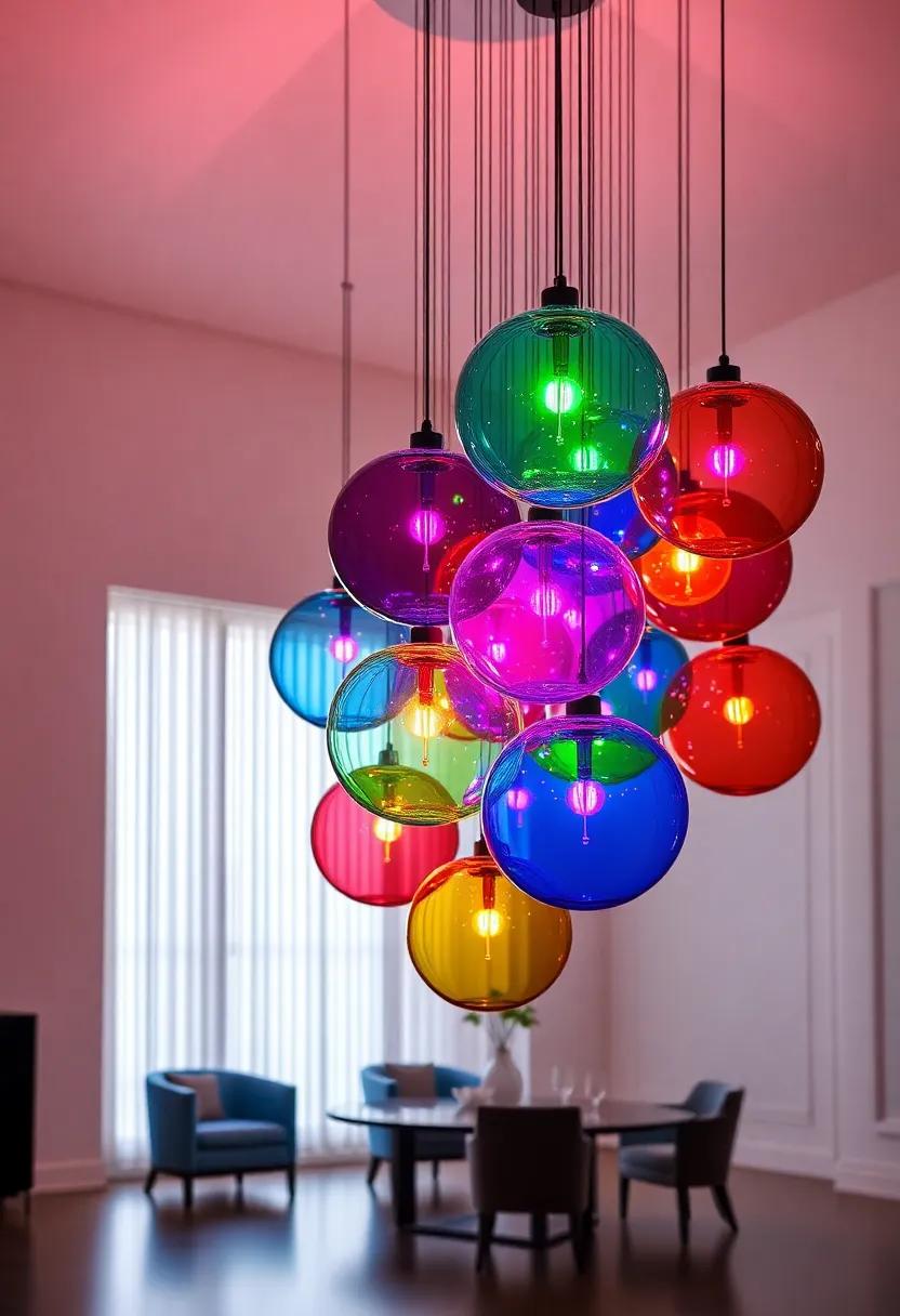 Colorful Glass Blown Spheres: Make a vibrant statement with a cluster of oversized, colorful glass-blown spheres that bring whimsy and a pop of color to your room