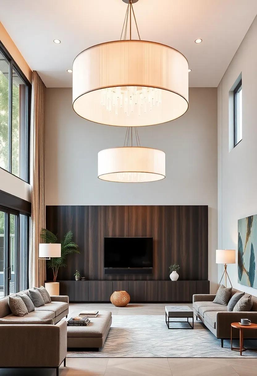 Enormous Drum Light Fixtures: Choose large drum light fixtures that cast a soft glow, perfect for illuminating expansive open-plan living areas in style