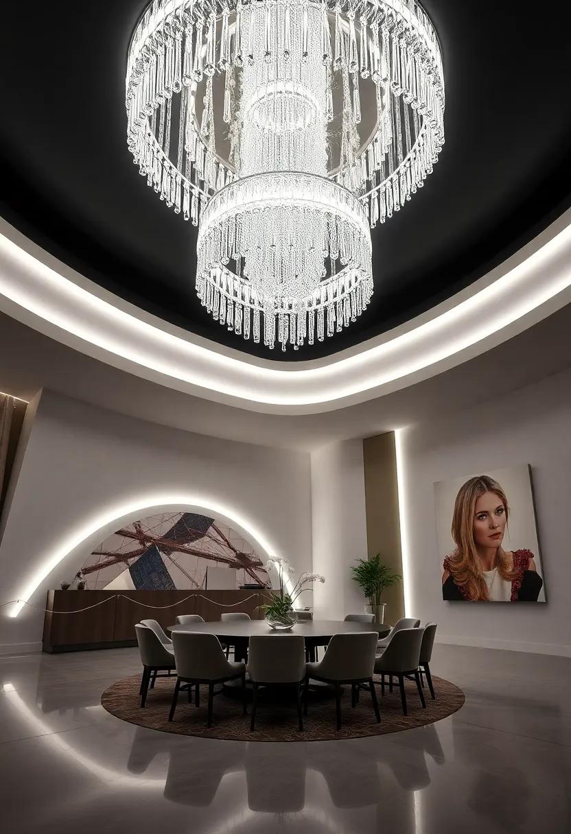 Glamorous LED Strip lighting: Integrate oversized LED strip lights around architectural features or in coves to create dramatic accents while showcasing your design ingenuity