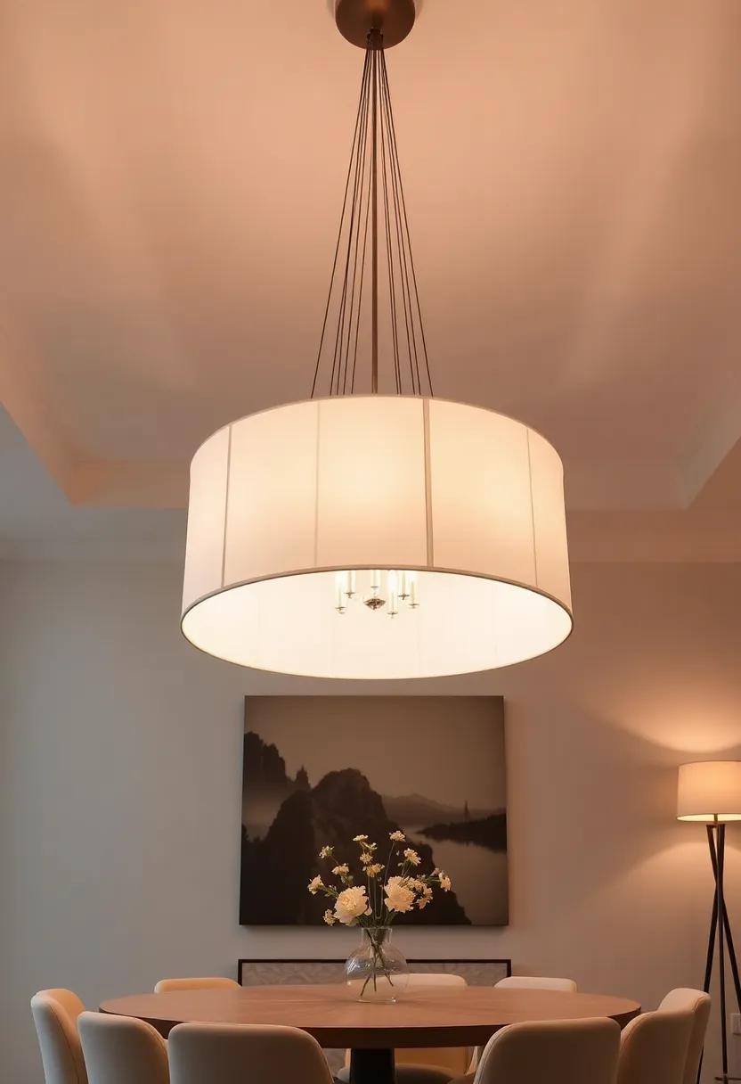 magnificent Drum Shade: Choose a large drum shade pendant that diffuses light softly, creating an inviting atmosphere while making a dramatic style statement