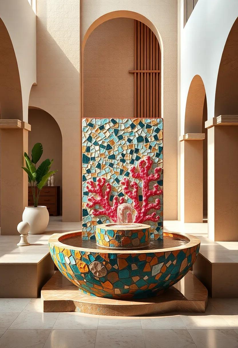 Coral‌ Reef Inspired Fountain - A ⁤mosaic blend of warm pinks, oranges, and ‌sandy tones captures the underwater beauty of Mediterranean shores