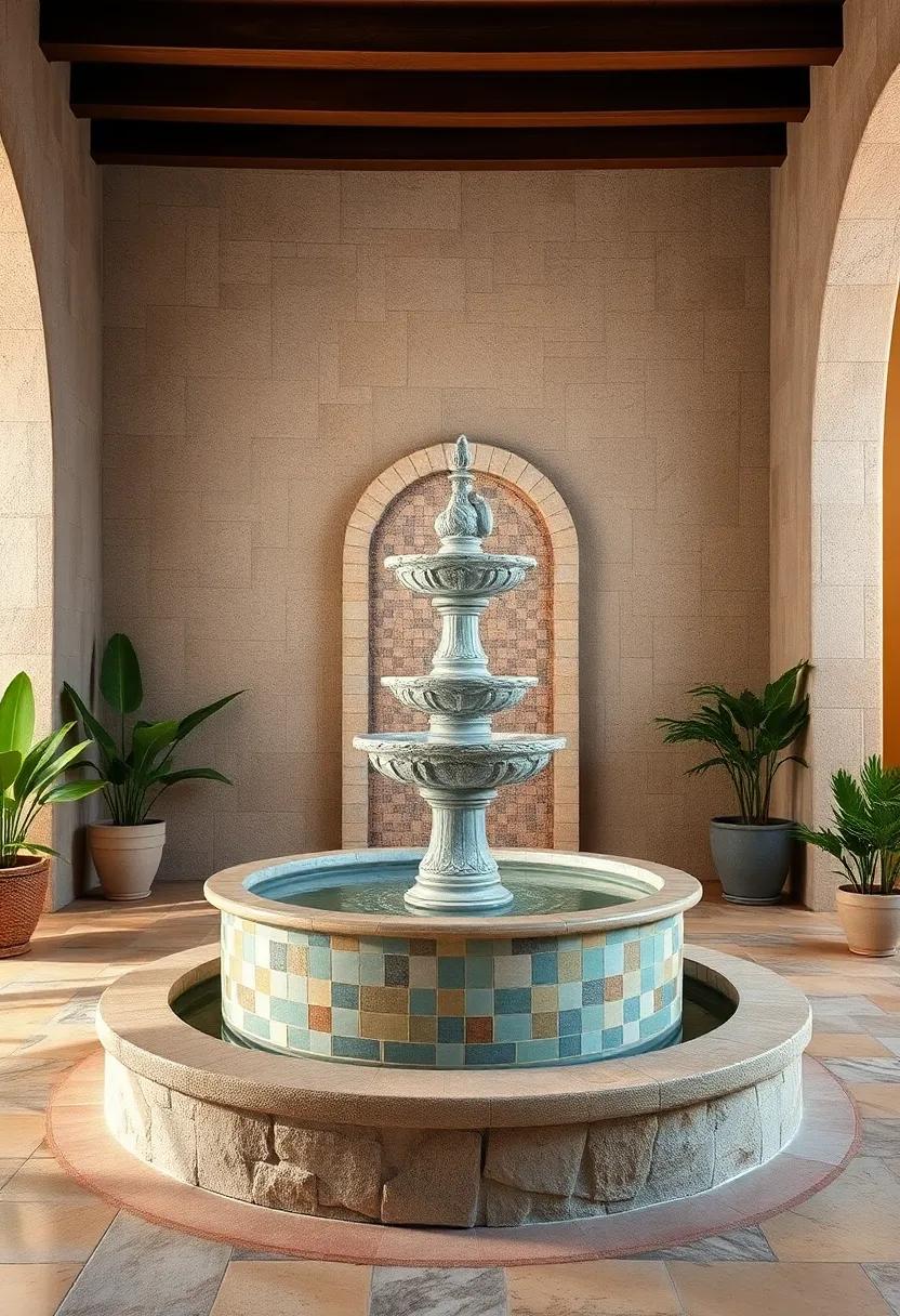 Faded Pastels Mediterranean Fountain - Soft, weathered pastel tiles evoke a timeless seaside village, blending nostalgia with serene beauty
