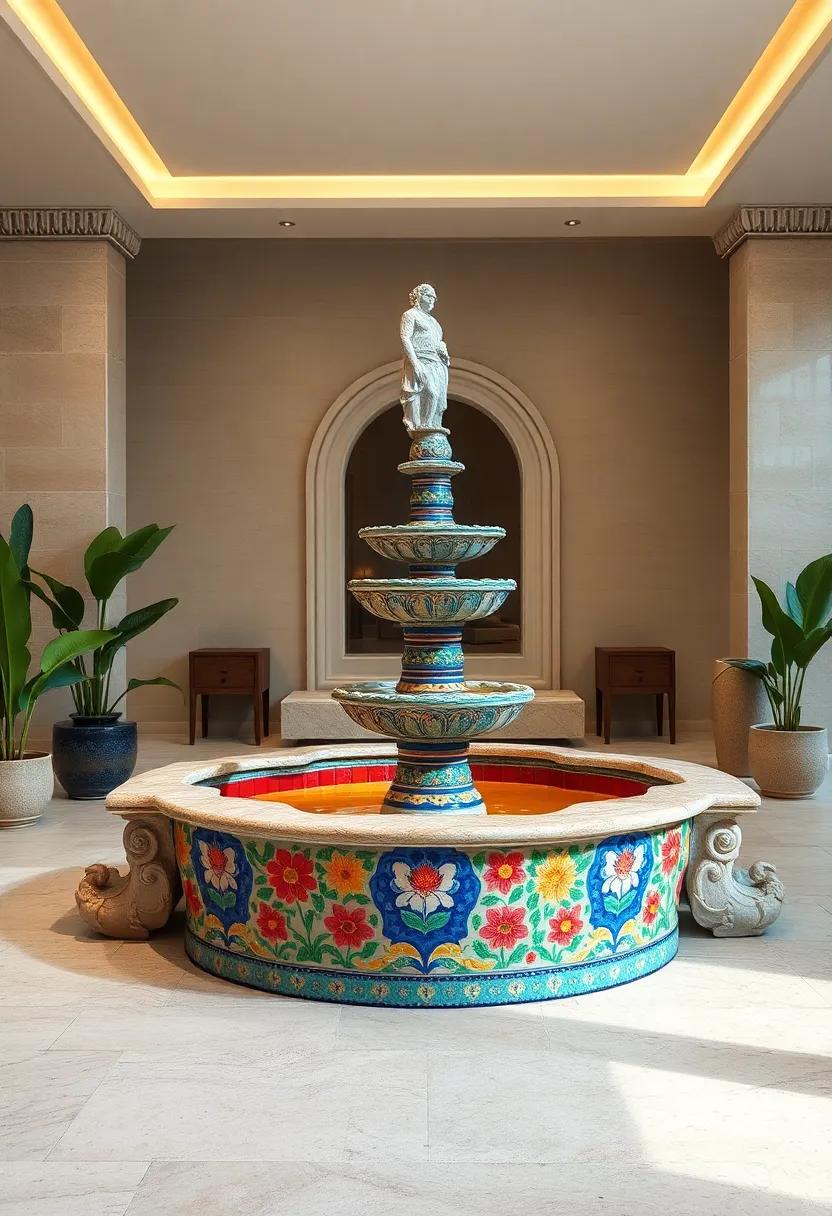 Majolica-style Floral Fountain - Bright, ⁢hand-painted ceramic tile mosaics showcase traditional Mediterranean craftsmanship and vivid color stories