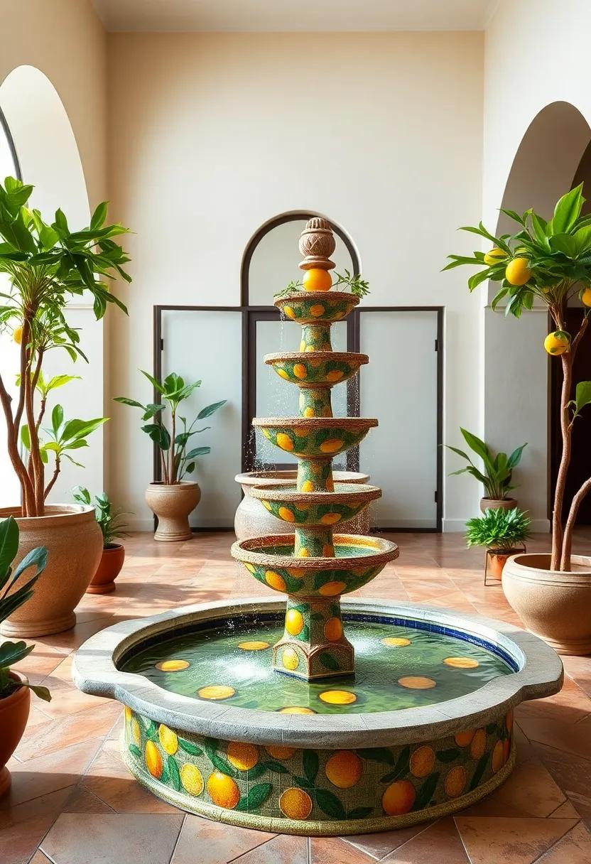 Mediterranean Citrus Grove Fountain - ⁢Bright yellows and lush greens arranged in citrus fruit patterns bring fresh vibrance and classic regional flavor