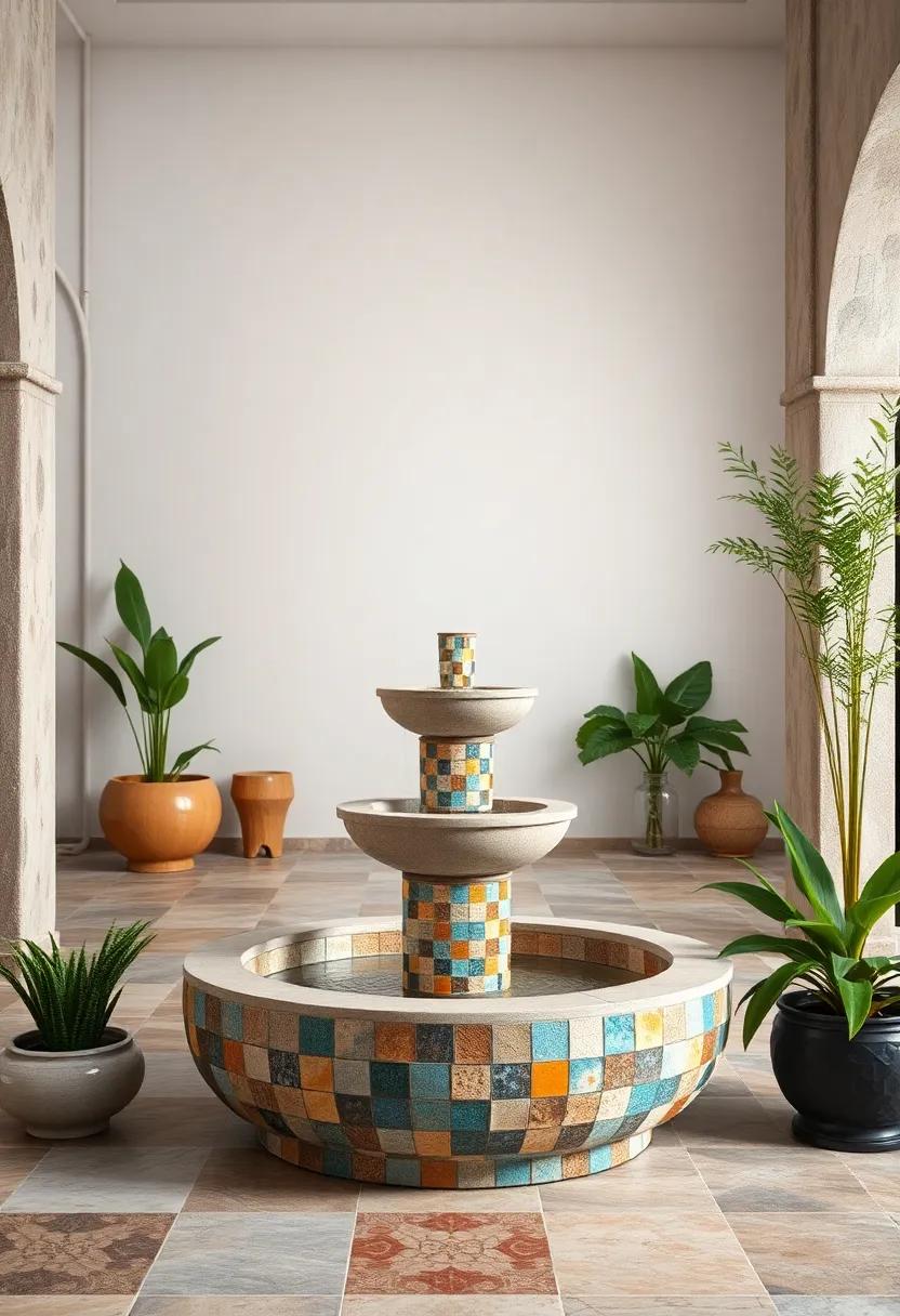 Mediterranean Tile⁢ Patchwork Fountain - An eclectic mix of colorful ceramic tile patches ‍creates a vibrant, handcrafted look full of character and charm