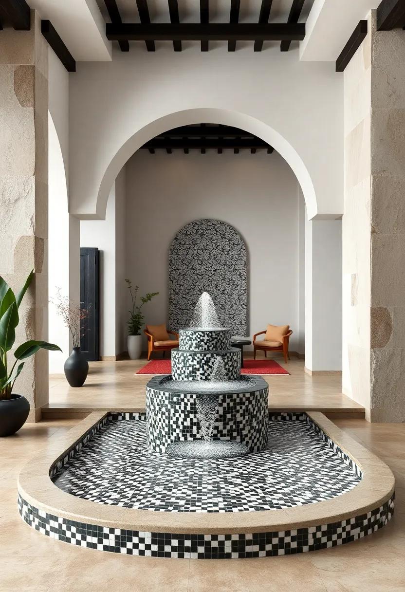 minimalist Monochrome‍ Fountain - Sleek black and ⁢white⁣ tile⁤ mosaics ‌offer a modern twist on classic Mediterranean patterns