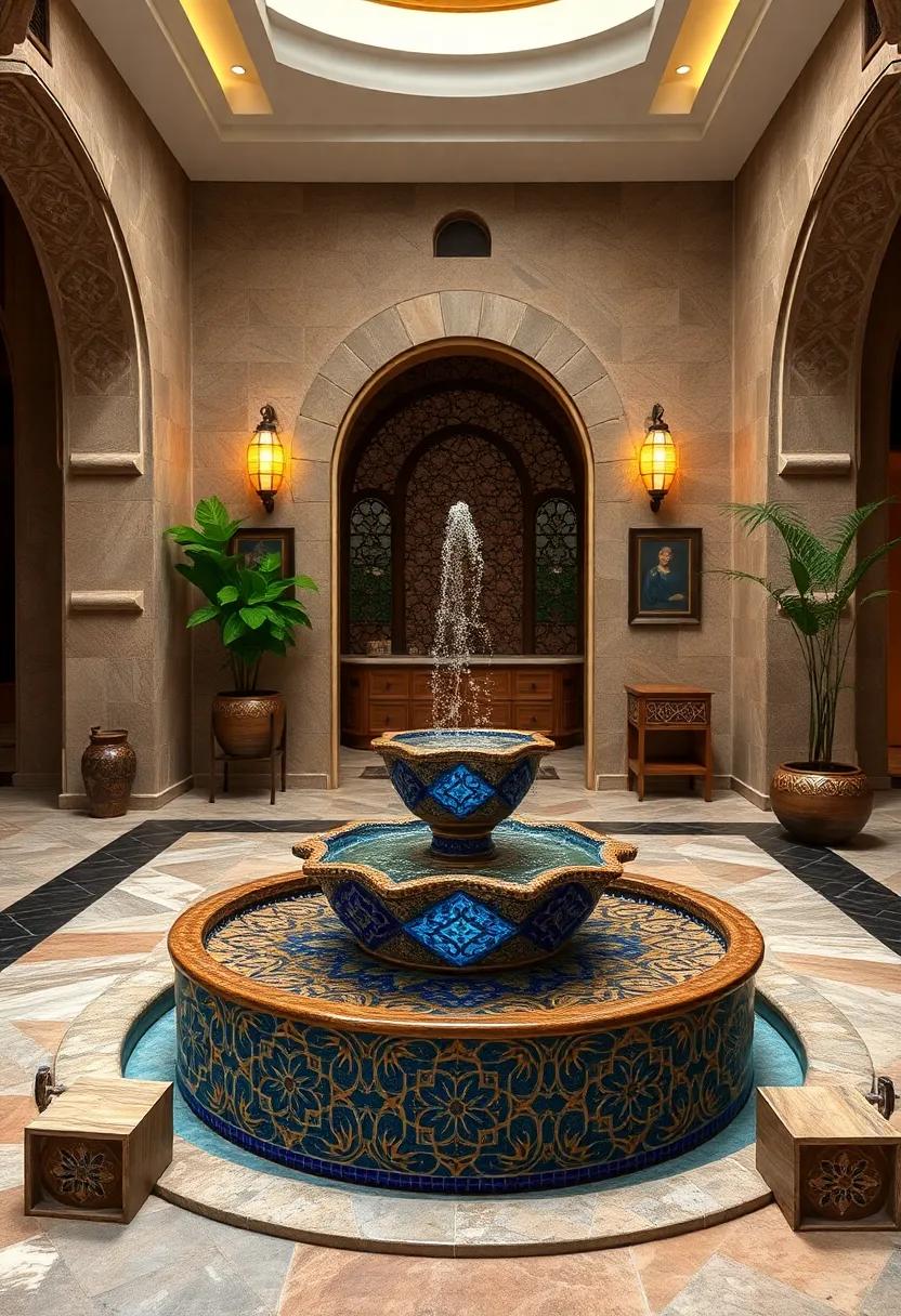 Moroccan-Inspired Star Pattern⁤ Fountain - ‍Intricate geometric patterns in deep blues and golds⁣ pay homage to the rich artistic traditions of North African Mediterranean regions