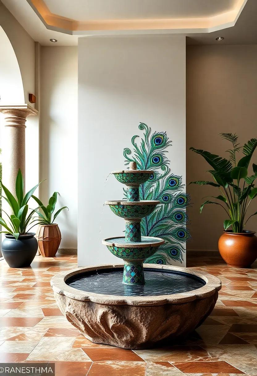 Peacock ⁣Feather Mosaic ⁢Fountain - Bold jewel-toned tiles arranged in elegant feather ​patterns add exotic sophistication to any outdoor garden