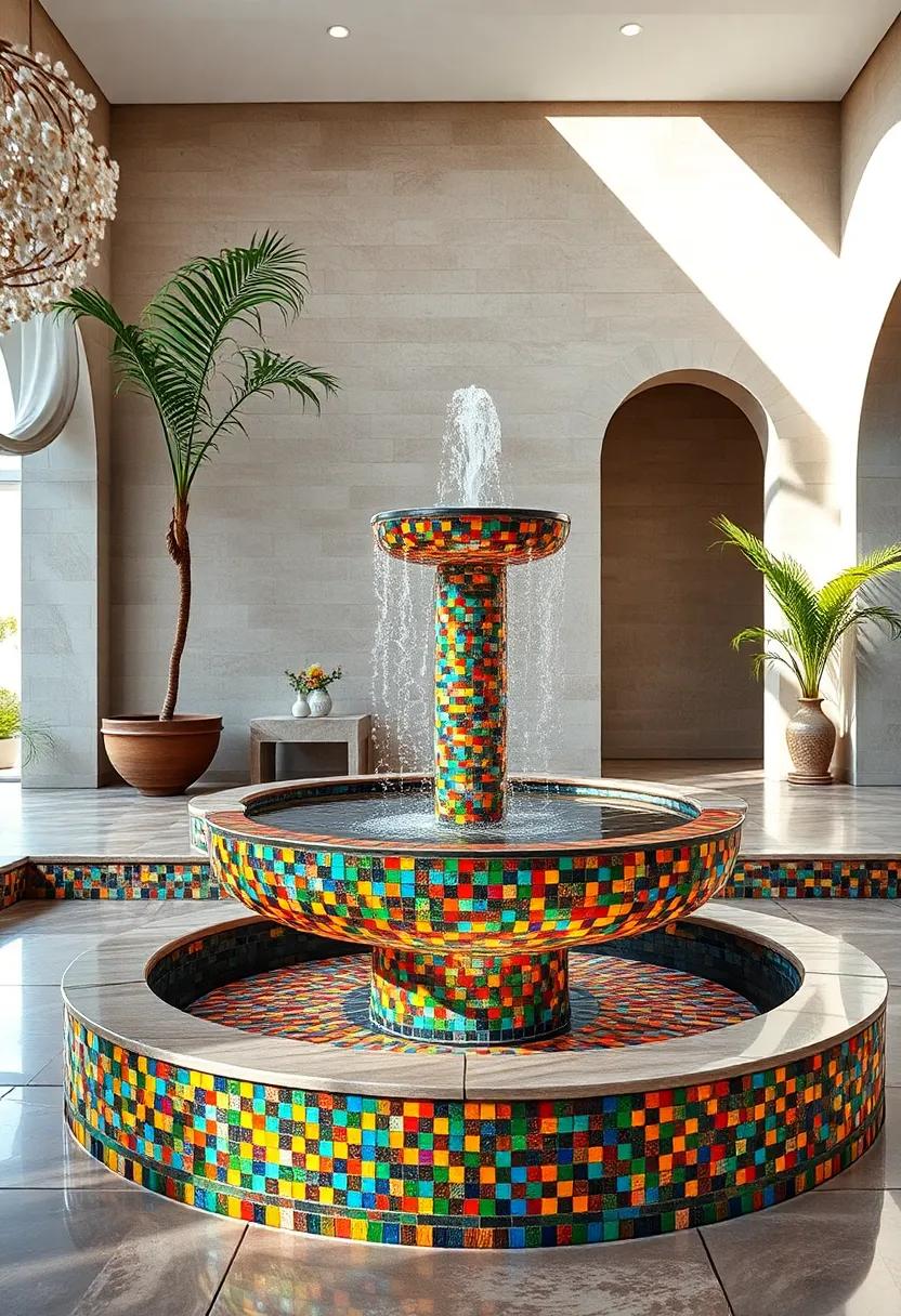 Venetian Glass Mosaic fountain ​- Iridescent glass tiles shimmer in the sunlight, evoking the glamour and elegance of Venice’s waterways