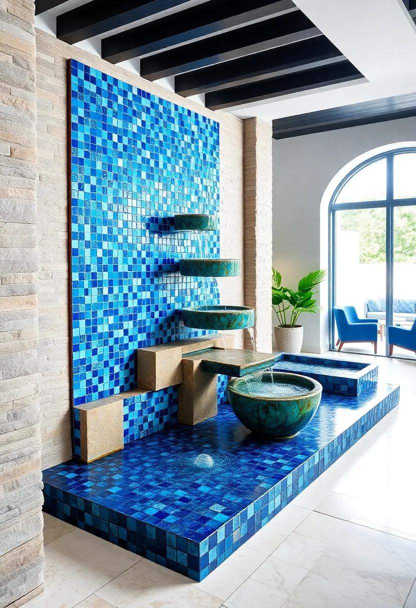 Vibrant Blue ⁣Tiles Cascade Fountain -⁢ A ⁤striking blend of cobalt and turquoise mosaics creates a tranquil water feature reminiscent ‍of Mediterranean seaside​ charm