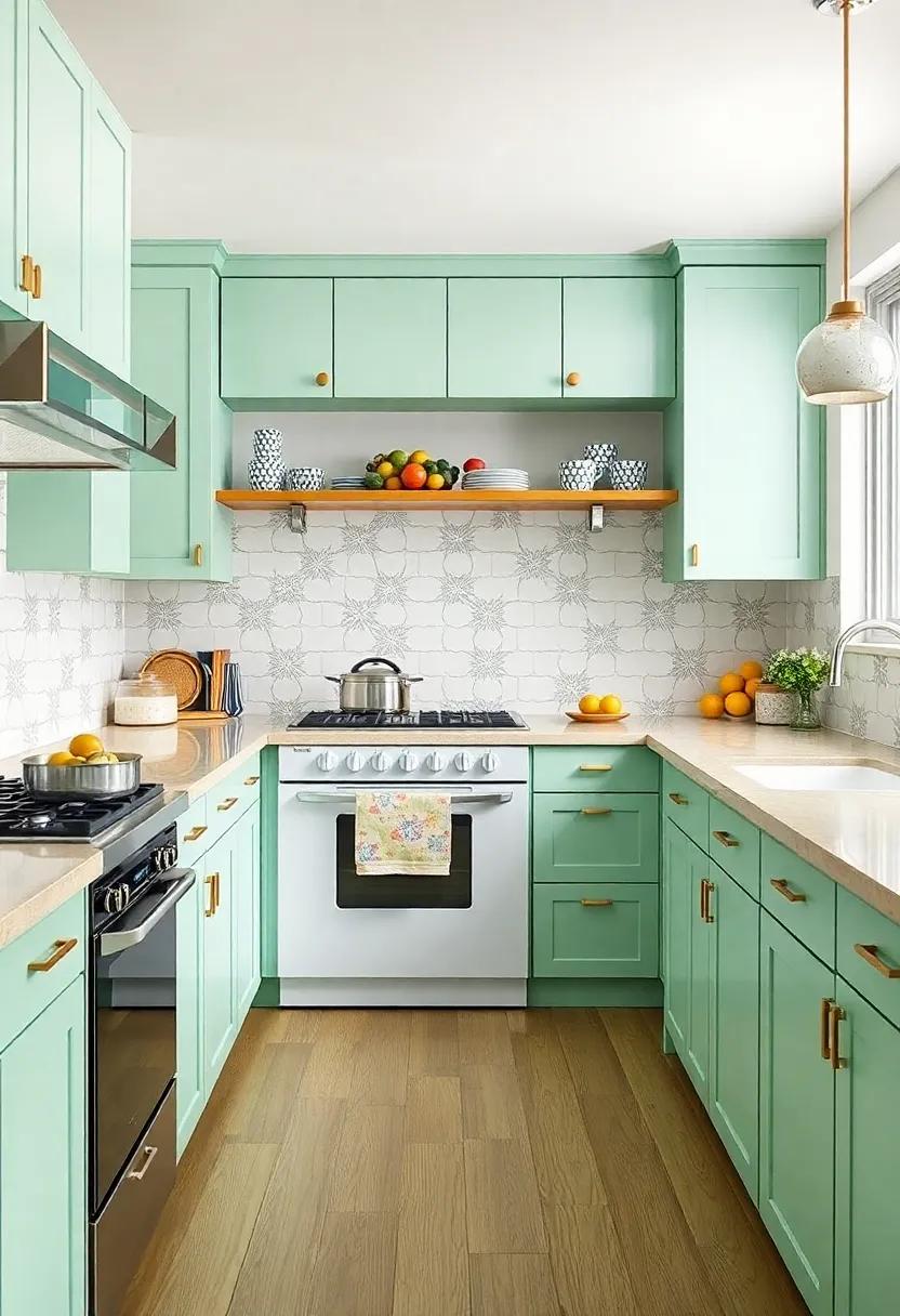 Embracing the Past: This kitchen features classic mint green cabinets adorned with whimsical atomic patterns, bringing a vintage vibe to modern functionality