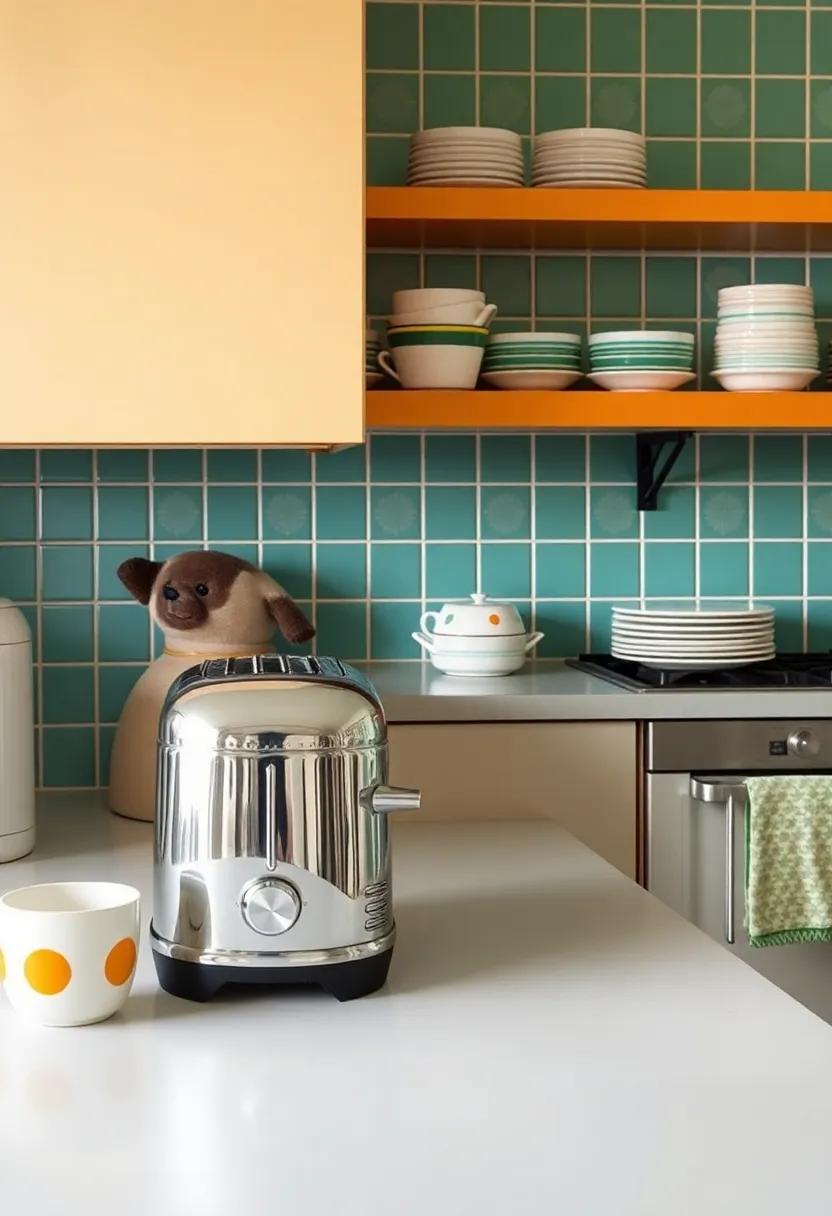 Vintage Vibes: Featuring a classic chrome toaster and whimsical dishware, this kitchen highlights the charm of retro kitchenware amidst contemporary conveniences