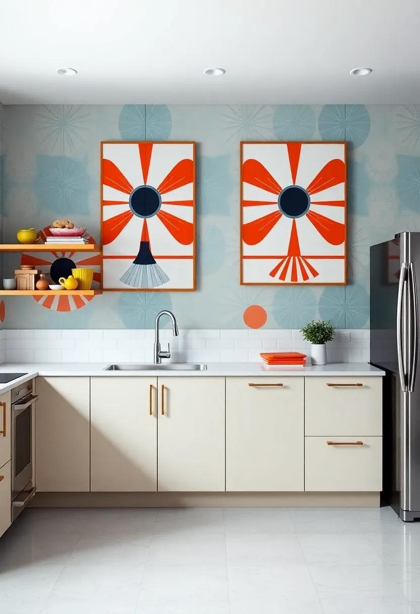 Artistic Flair: Bold wall art featuring atomic designs complements the kitchen's aesthetic while providing a contemporary twist on classic mid-century motifs