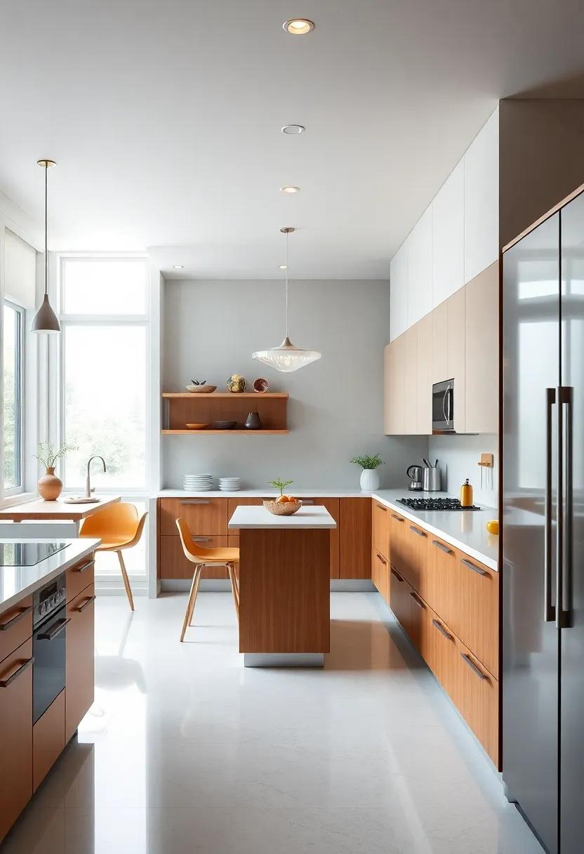 Geometric Goodness: Angular shapes and sharp lines embody the essence of atomic design, seamlessly integrating functionality and style in this inspired kitchen layout