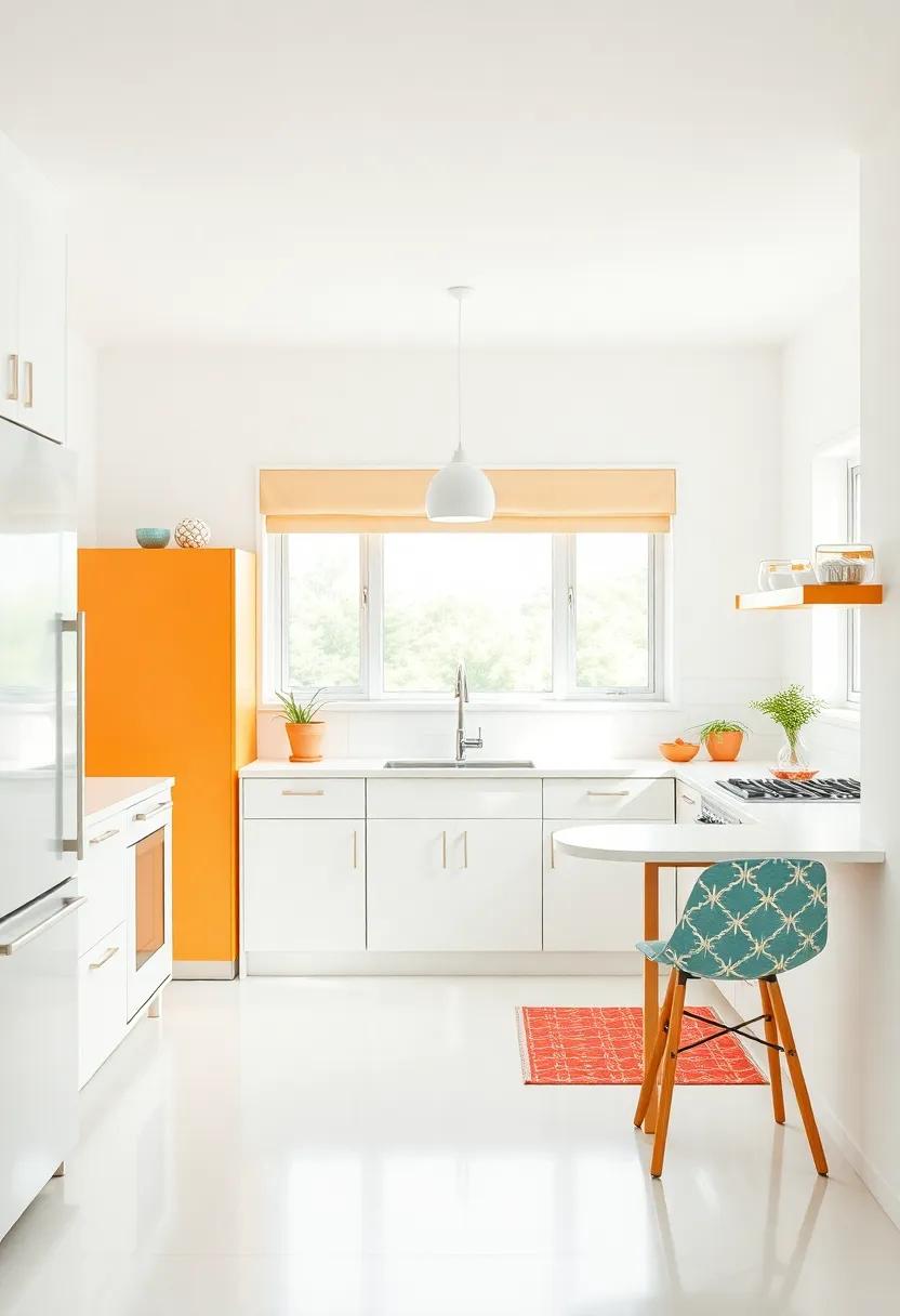 Earthy Tones: Deep oranges and browns, achieved through cabinetry and decor, ground this kitchen while soft atomic motifs in the wallpaper add a nostalgic twist