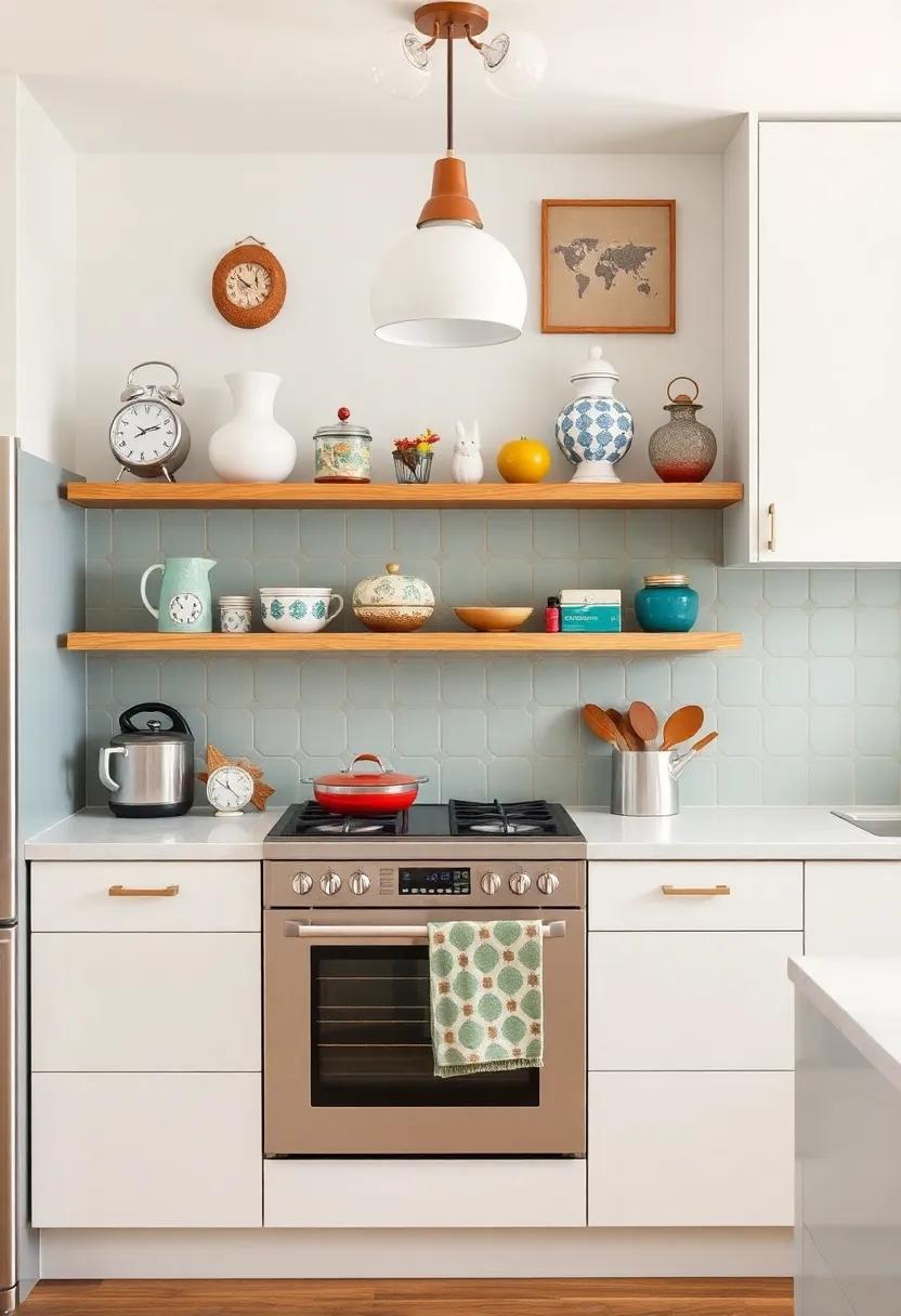 Eclectic Accessories: adorning the shelves with mid-century collectibles enhances this kitchen's retro feel while celebrating personal style and creativity