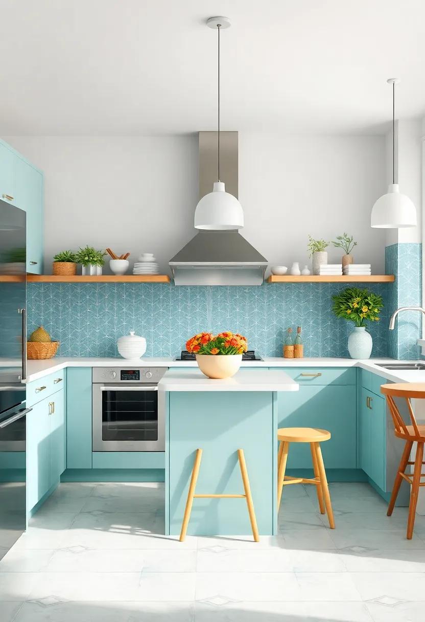 Black & White Elegance: Sleek black cabinets paired with white atomic pattern tiles create an effortlessly chic kitchen that marries sophistication with nostalgic flair