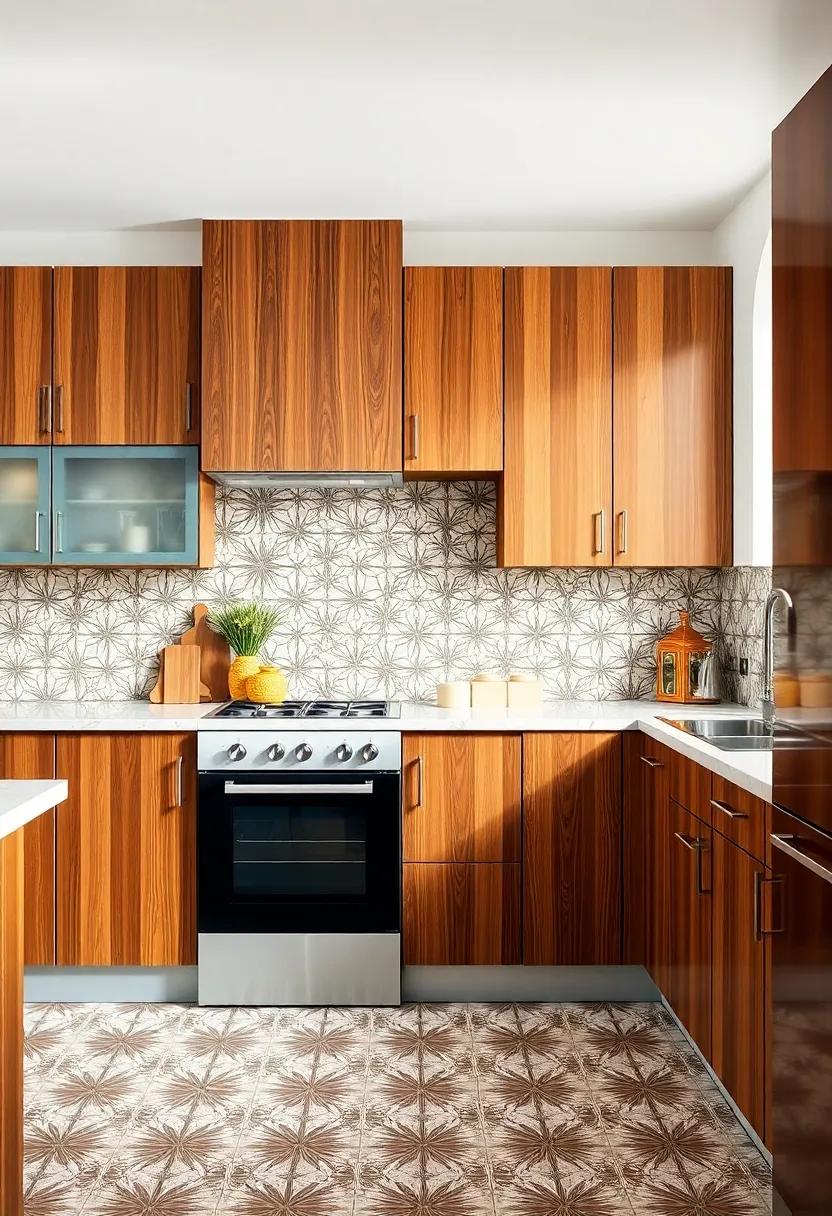 Textured Timelessness: the combination of wooden cabinetry and tiled surfaces featuring atomic prints offers a rich textural contrast, embodying the warmth and elegance of mid-century design