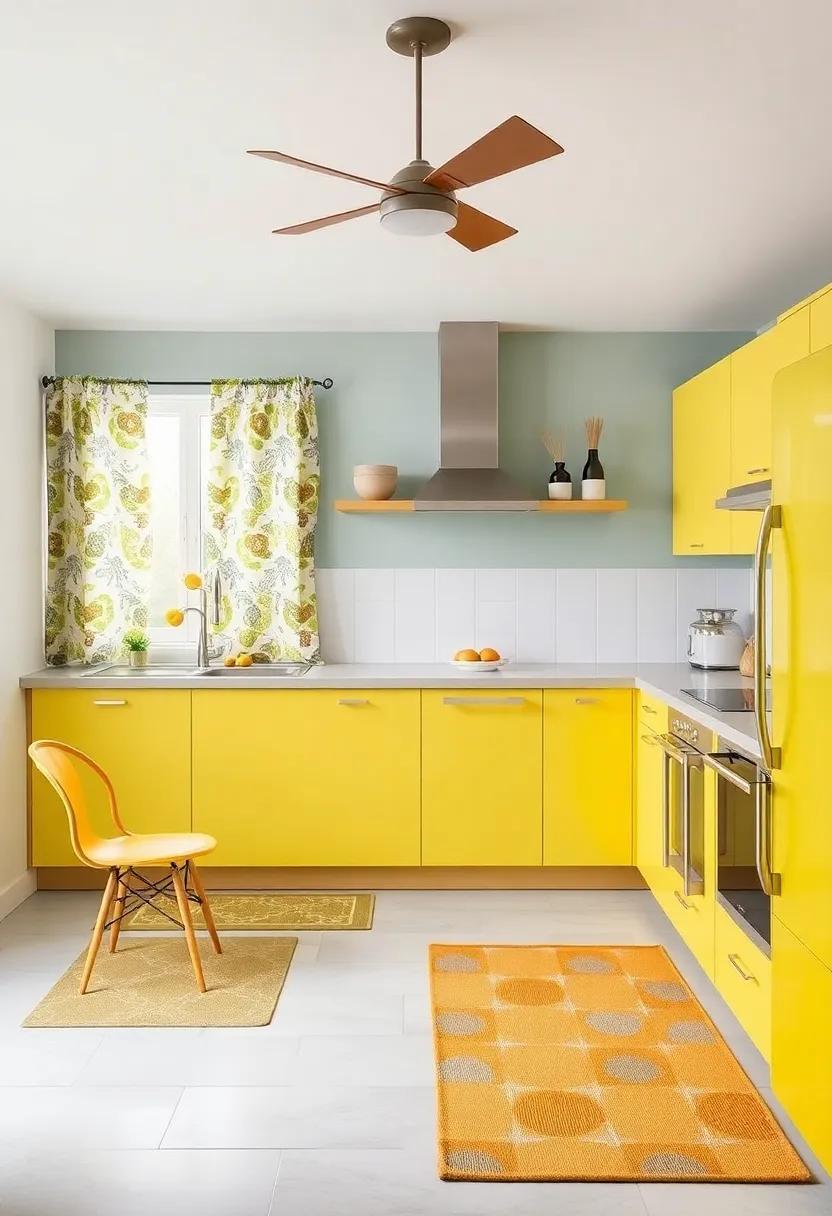 playful patterns: A cheerful yellow and gray color scheme, complemented by quirky patterns on curtains and rugs, adds a lively touch to this family-friendly kitchen space