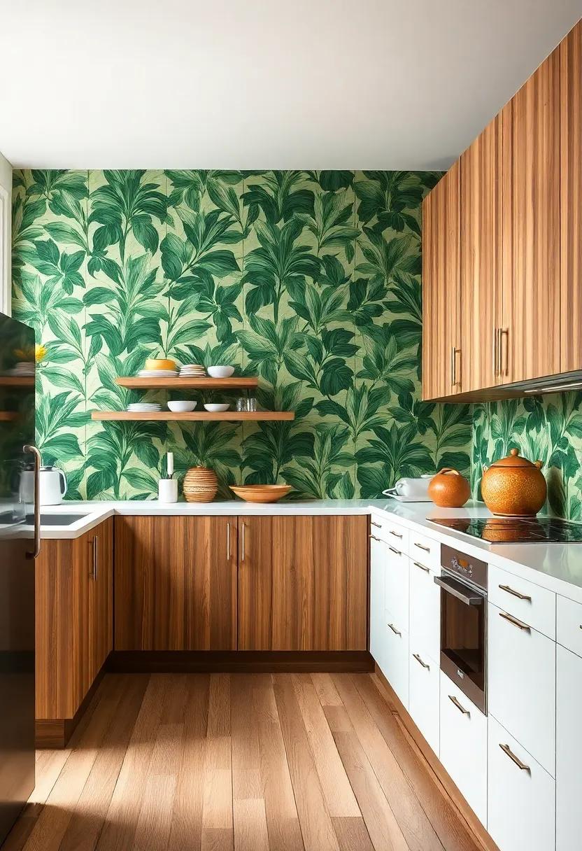 Nature's Palette: Shades of brown and green, paired with botanical atomic patterns, set a calming tone that connects the kitchen to the natural world outside