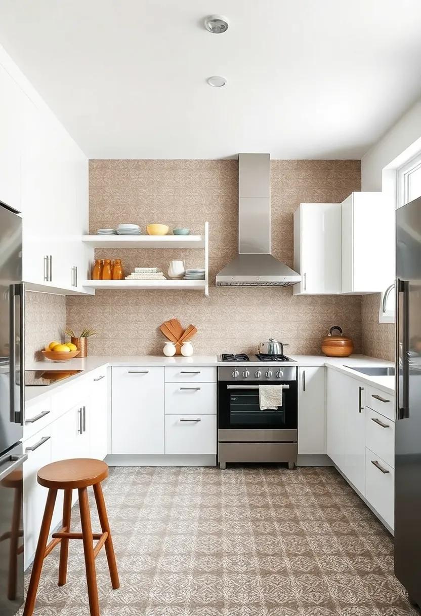 Minimalist Magic: Clean lines and retro patterns coexist harmoniously in this minimalist kitchen, proving that less truly can be more while echoing mid-century aesthetics