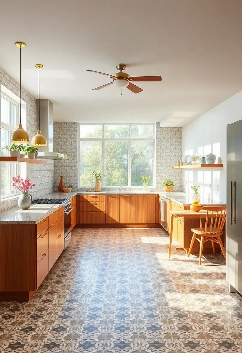 Open Concept Delight: The seamless flow of this open kitchen allows retro patterns to shine, creating a warm and welcoming space filled with natural light and vintage accents