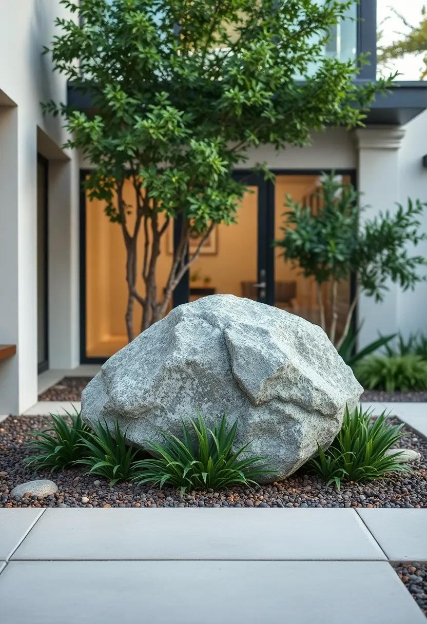 Position a single large boulder as a‌ natural art piece, surrounded⁣ by ⁣low greenery
