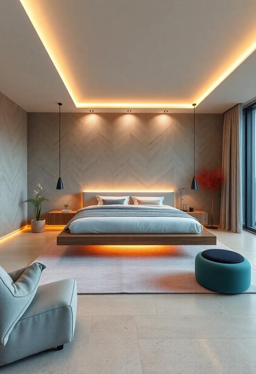 Floating Bed Designs Soaring Above Minimalist Carpets And Subtle⁢ Ambient Lighting For A ​Futuristic Feel