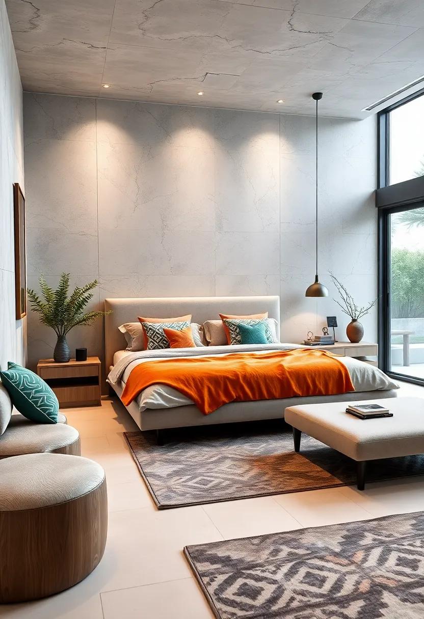 Graphic Rugs And‍ Throw Pillows Adding Pop And ⁤Pattern To Sleek, Modern Bedroom Interiors