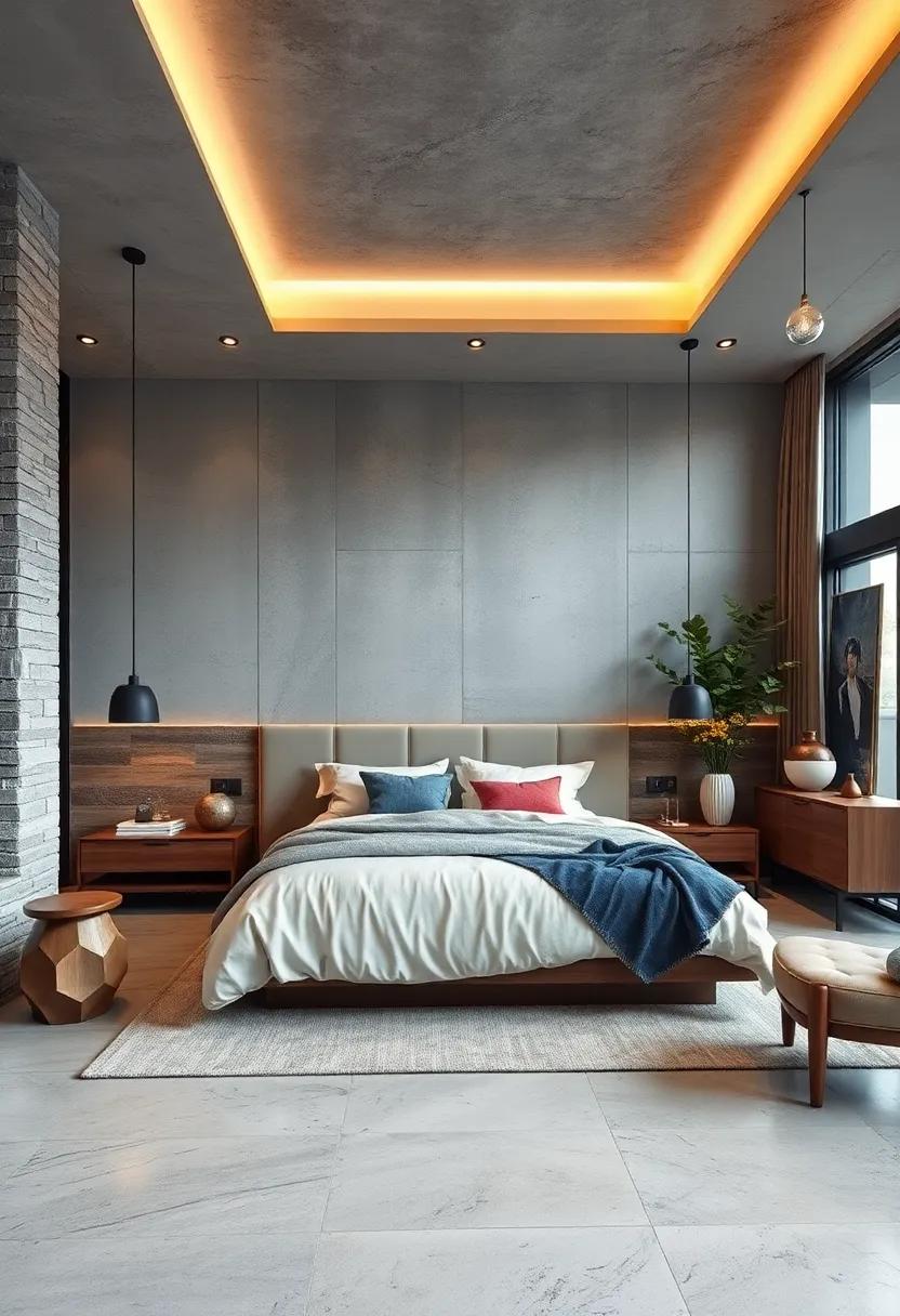 Mixed Material Bedrooms With ‍Concrete, Wood, And Plush Fabrics Creating‍ Rich ‍Contrast And visual Interest