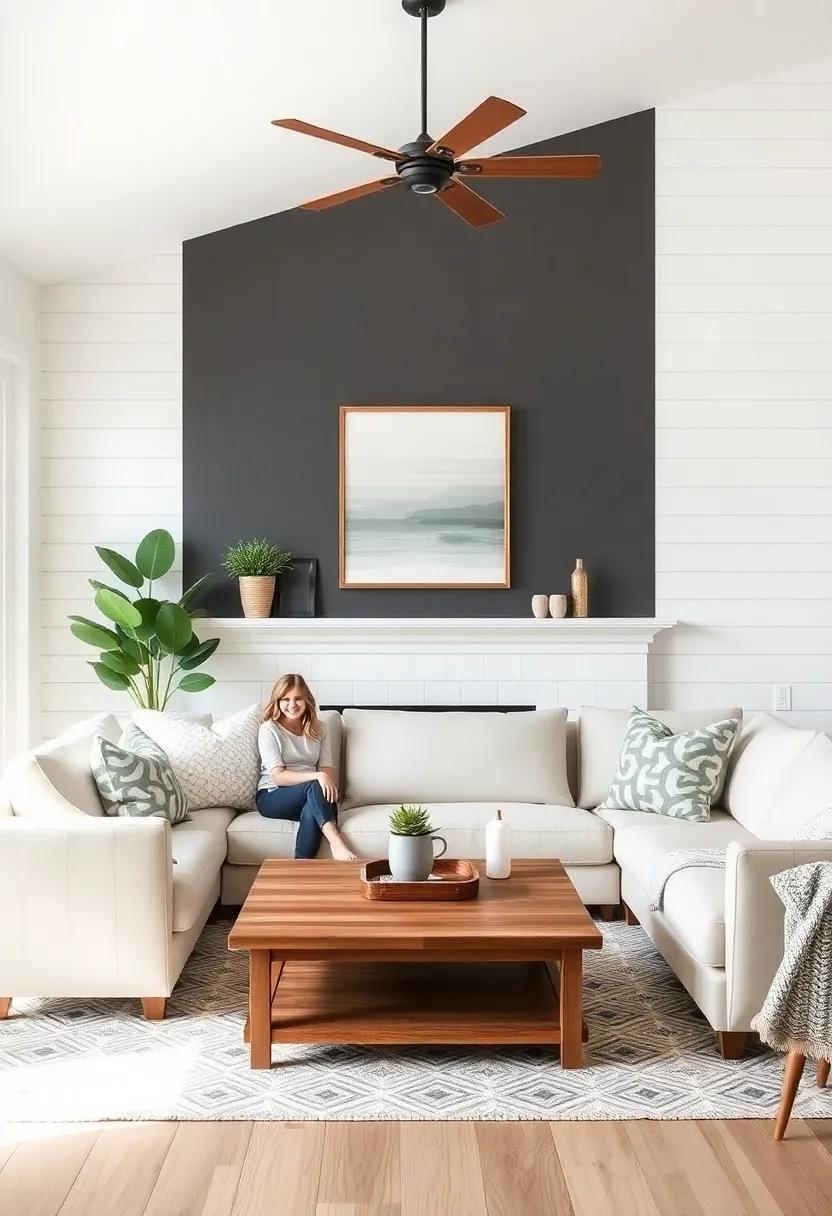 Showcasing Family Moments in Farmhouse Living Rooms with Shiplap​ Charm