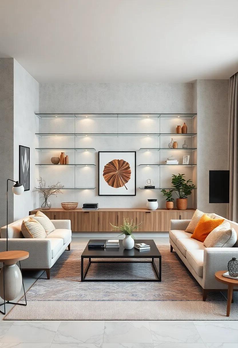 Floating Shelves Encircling a Media Wall