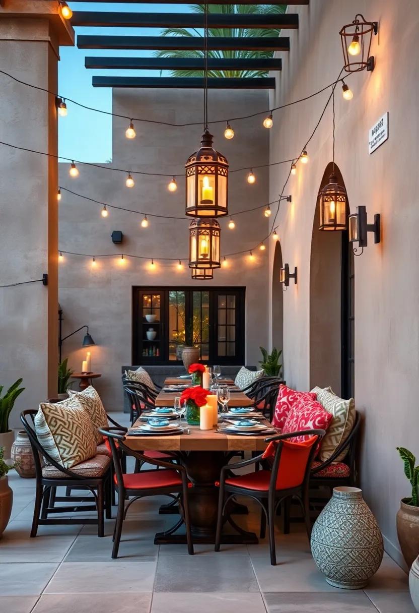 A breakfast terrace where delicate ⁣lanterns hang alongside string lights for a tranquil morning glow