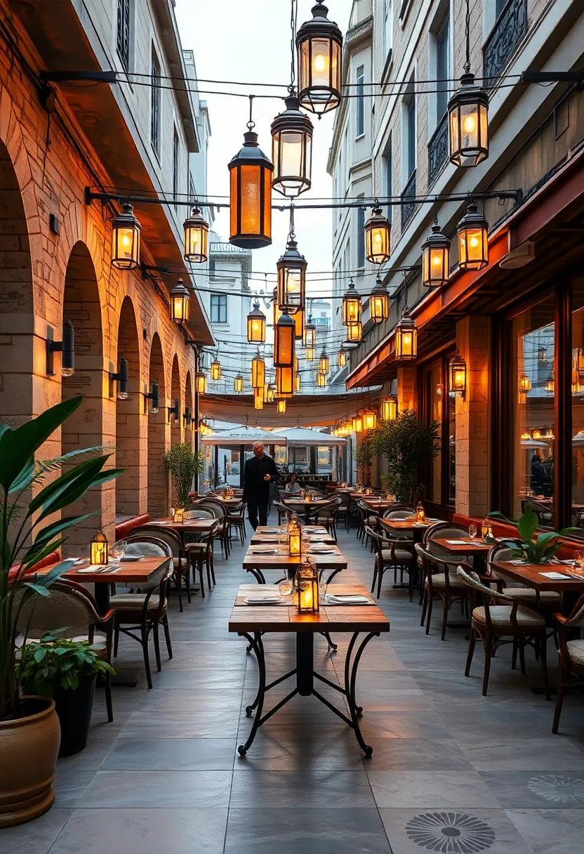 A‍ bustling café⁤ terrace adorned with lanterns that provide an inviting glow amidst urban surroundings