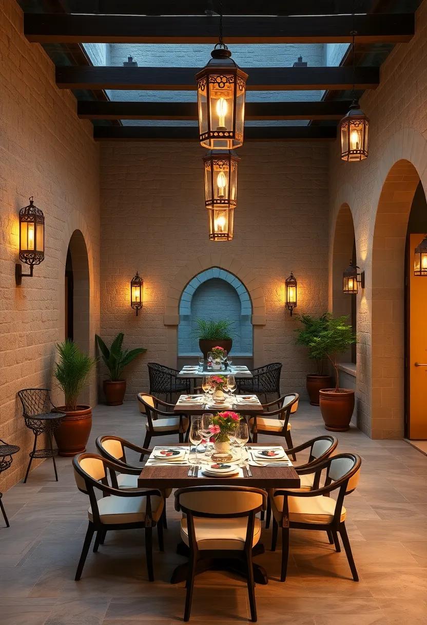 A courtyard with stone walls accented by lanterns ​that create a warm, inviting ambiance for evening ⁢gatherings