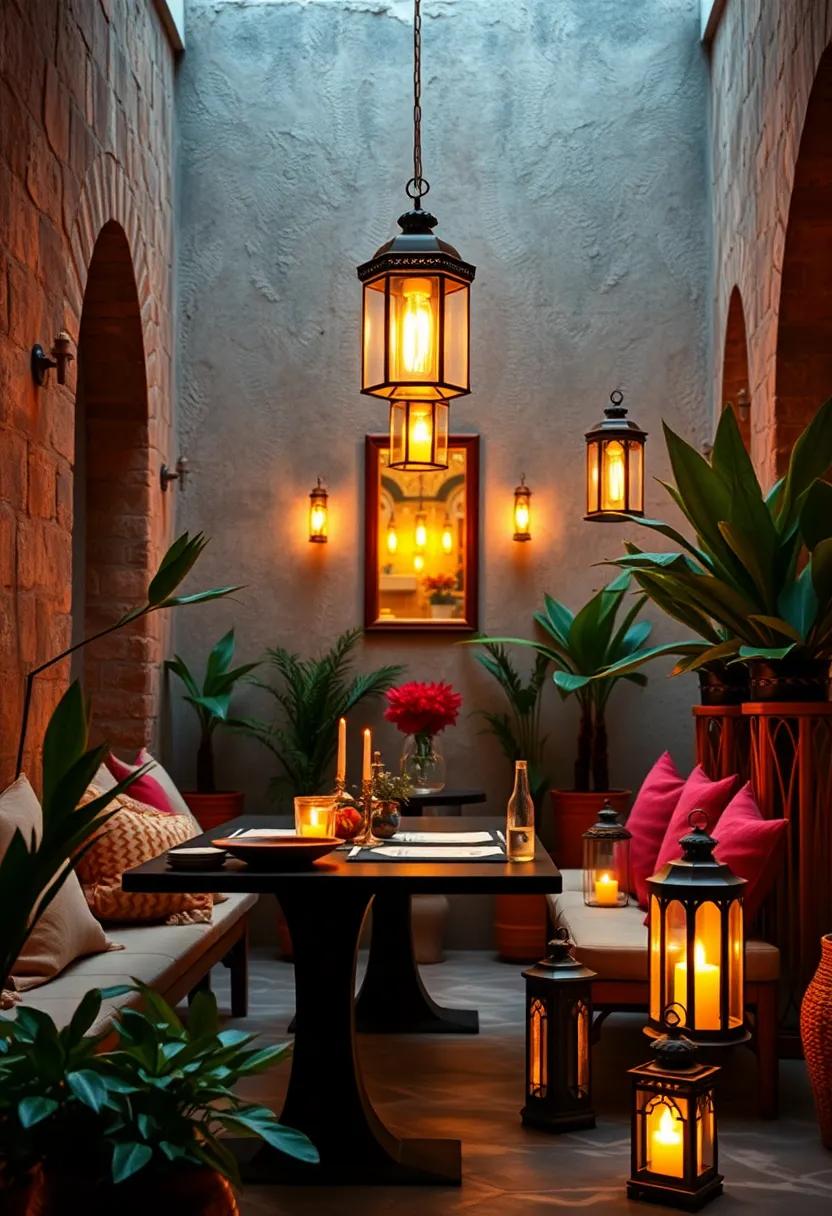 A cozy nook with lanterns nestled among potted plants, enhancing the ⁢natural setting with⁤ warm light
