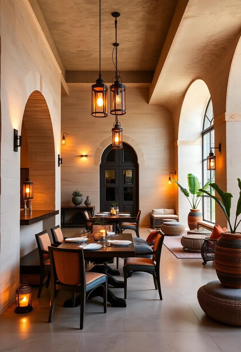A desert-inspired lounge area where earth-toned lanterns flicker softly ⁢against textured walls